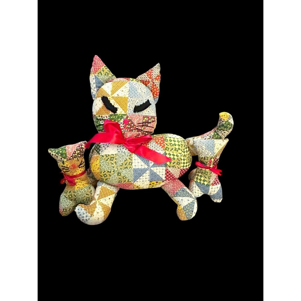 Vtg Set Of 3 Kitty Cat Patchwork Style Hand Made Stuffed Fabric Grandma Core